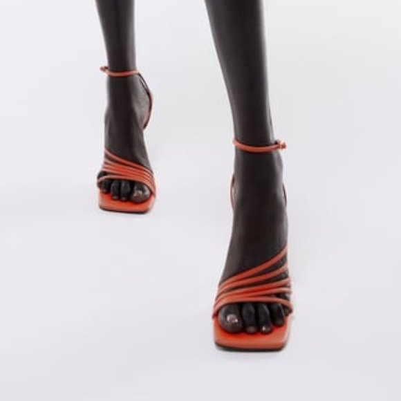Zara Shoes - ZARA High Heel Sandals with Thin Strap in Coral Red Square Toe Strappy EU 38